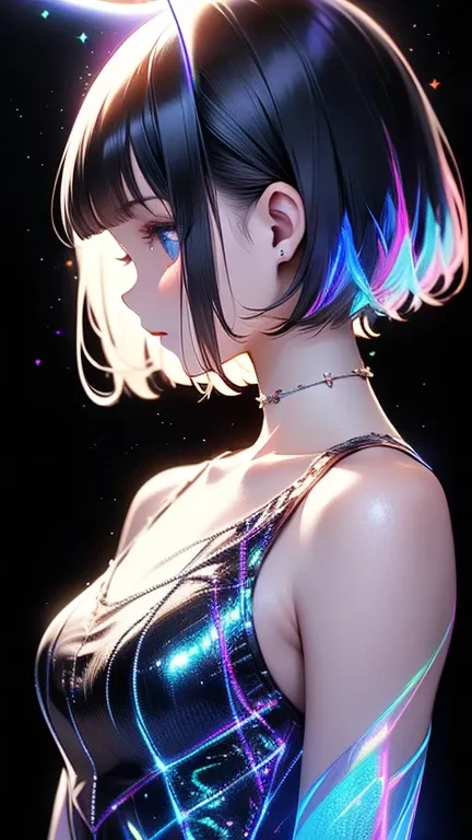 (masterpiece),( best quality:1.2),(perfect anatomy),  EXQUISITE DETAILS  ,(( 1 girl)), black hair,( Shorthair),Beautiful and delicate blue eyes ,Holographic Dress,( Holographic Halo :1.5) , wind , Dynamic , ( black background),( very detailed elegant), Sil...