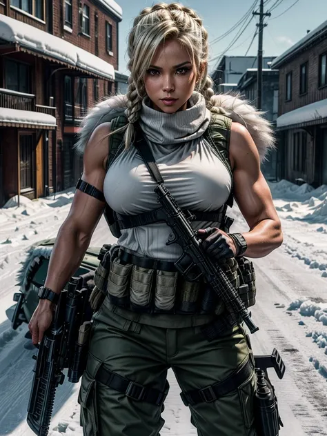 Full body shot of a single sexy bimbo warrior woman holding oversize shotgun, aiming to the side, athletic woman, muscular arms and thighs, slim hips, (small high profile breast), (breast implants contours visible), blonde big hair on braids, sexy smile, f...