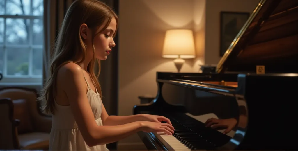 a girl plays the piano