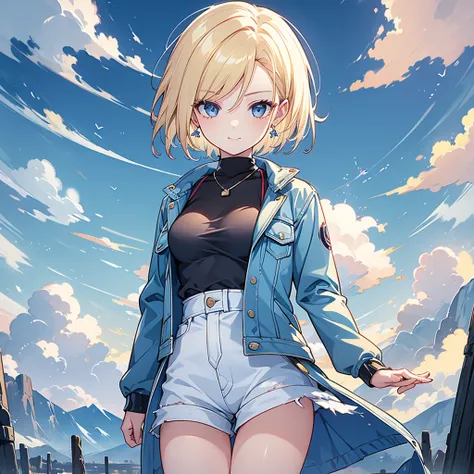  1 girl, Alone,  android 18,  blonde hair ,  blue eyes,  Shorthair,  jewelry,  earrings for a woman alone, smile,  jacket,  facing sideways , denim, denim  jacket,  upper body,  lingerie,  closed mouth, cloud, null, day,  facing sideways , blue null, 1 col...