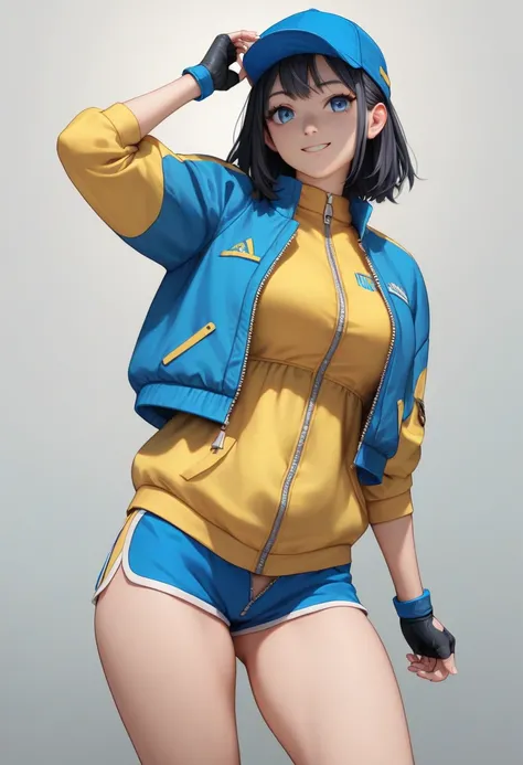 score_9, score_8_up, score_7_up, source_anime, best quality, clear face,fast skinny girl,black hair, blue eyes, medium hair, large breasts, perfect body, standing, slight smile, open yellow shirt,blue mini shorts, indoor, pose,cool,simple design,cute, thic...