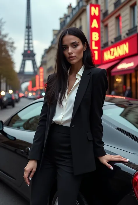 fashion editoral photo A beautiful girl with long black hair and a black suit with a white shirt on the Champs-Élysées, France, leaning against a black Ferrari car with the Eiffel Tower visible and red neon street signs saying MB¹ NAZANIN