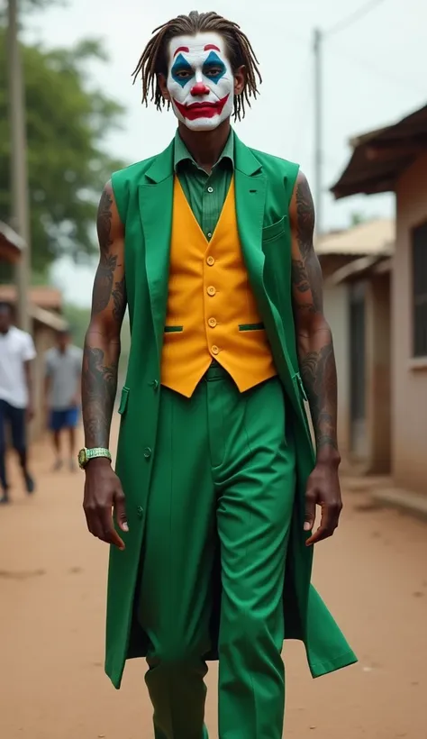 Create A Nigerian black Joker Man Standing In Nigeria street , Nigeria Flag Colours On Face , Nigeria Detailed Full Body Tattoos , Brown Hairs, Walking Straight, Highly Detailed Nigeria Joker, Wearing Nigerian Dress With Everything Matching With Nigeria 