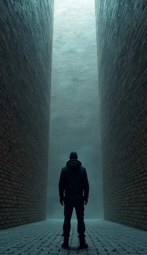 create a hyper realistic image of a hacker standing in front of a huge brick wall