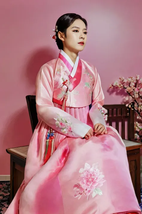 A Korean man in womens hanbok, hi is crossdresser, His face and hairstyle are very masculine, silk, Mother of the Bride hanbok Dress Outfit, breasts like a woman, red and pink, slender female body, floral pattern, satin, sit quietly