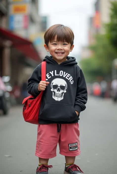 Photography standing chubby boy nine year old smiling , light brown hair with bangs, hoddie written "KEY LOVERS". wearing a nguyen hoodie with a skull design and light red and pink long short, carrying a red shoulder bag. The background features an urban s...