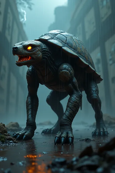 "Create a dark, cinematic depiction of a super hybrid fusion of a turtle and a dog. The creature has the sturdy, armored shell of a turtle combined with the muscular body and powerful limbs of a dog. Its head is a terrifying blend, featuring a sharp beak-l...