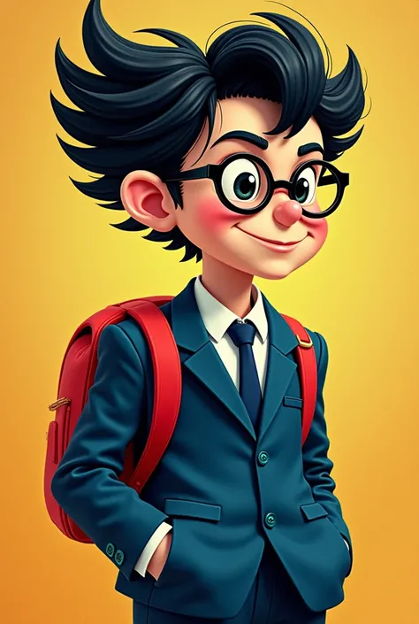 Create someone from Funku Pop  (  toys in characters )  and wearing a navy blue suit with a backpack without lenses black hair and smiling