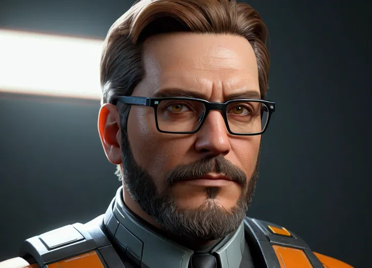 a portrait of a man with short neatly trimmed hair and a well-groomed beard wearing glasses, wearing the H.E.V. suit from the video game Gordon Freeman, (best quality,4k,8k,highres,masterpiece:1.2),ultra-detailed,(realistic,photorealistic,photo-realistic:1...