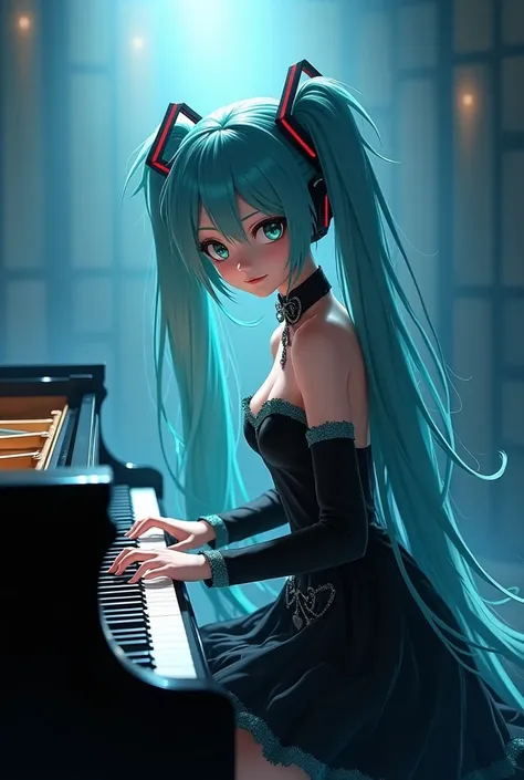 Hatsune miku, anime, cute, playing piano, spotlight, wearing fancy black ribbons and black colored fancy long dress,staring closely at viewer while playing piano, depressed smug expression, unrealistic, art