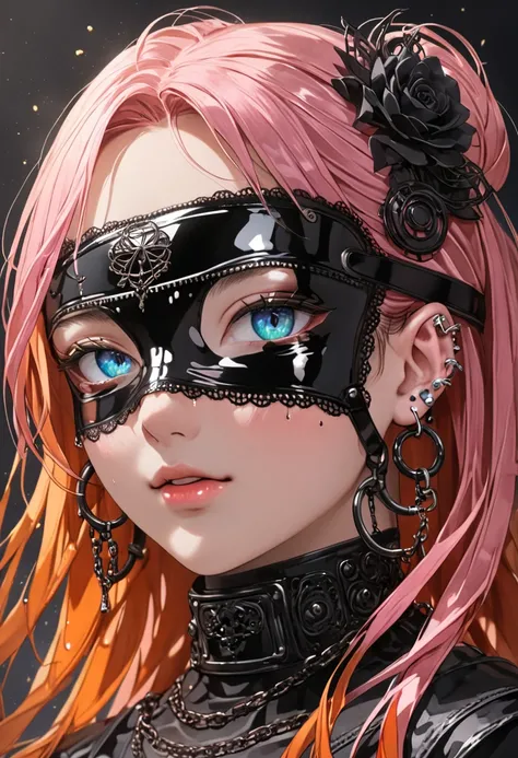 (masterpiece, best quality:1.2), (absurdres, highres, ultra-detailed), (perfect anatomy), close-up face, 1 japanese woman,22yo , ((heterochromia, green eyes ,Blue eyes)) ,half updo , ((multicolored hair , pink hair, orange hair, red hair)), shiny hair , fa...