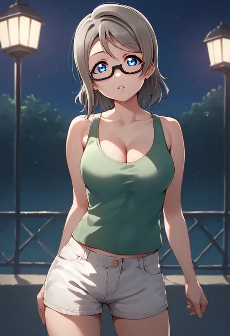 Watanabe you love live, anime art style , medium hair,gray hair , blue eyes ,black-framed eyewear ,looking at viewer ,solo , green tank top, white shorts , standing,parted lips, night ,(covered navel:0.6), cleavage, love live, cowboy shot, shiny skin, glos...