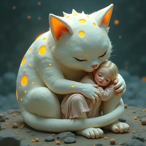 moon cat with skin resembling the surface of the Moon with yellow craters with a girl in soft paws