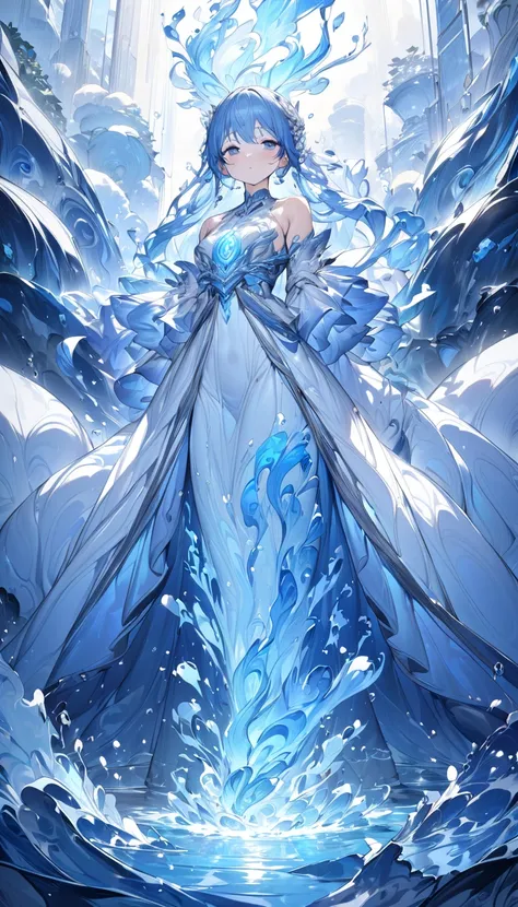 best quality, masterpiece, ultra-detailed,  A water spirit with the appearance of a mature 28-year-old woman stands against a cute and cute background. The body of this water spirit is made of water . Bright expression 