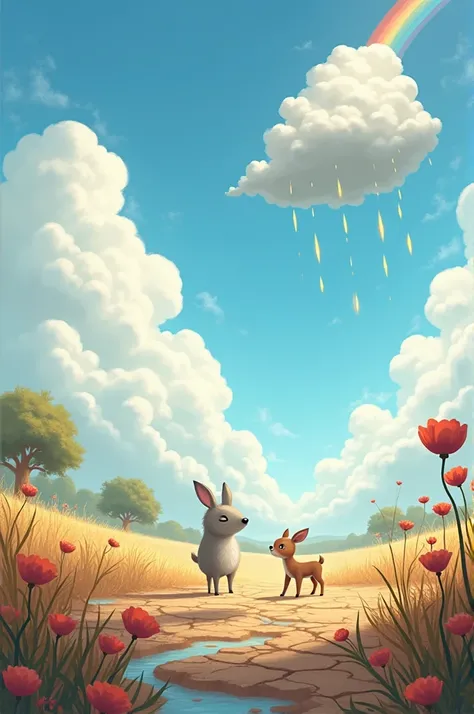 Page 1:
Scene: A bright, sunny sky with fluffy white clouds laughing at a tiny, wispy Poppy who looks sad but determined.

Page 2:
Scene: A dry, cracked field with wilting flowers. Animals like a deer and a bunny look at an empty waterhole under the glarin...