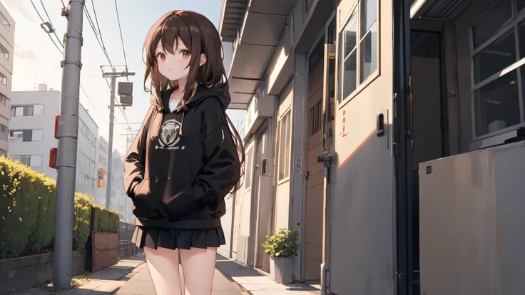 
 A girl with brown hair ，Long hair， brown eyes ， wearing a black open hoodie ， with a white t-shirt inside ， with white headphones around her neck，Wearing small leather shoes， black pantyhose ， with both hands in pockets， with no pants or skirt ， standing...