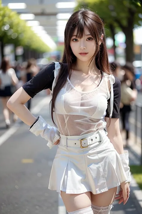 realistic photo quality 、a japanese model is standing wearing white clothes and a black skirt and wearing gloves,  black skirt、 ...