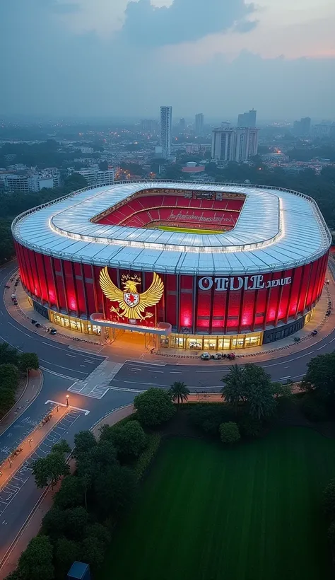 The magnificent football stadium in the persegi empat dan ada tutupnya di atas terlihat seperti kaca keren ada lampunya atadium berwarna merah 3 lantai ,Red and white on each wall along with the spectator seats and there is the name of the stadium INDONESI...