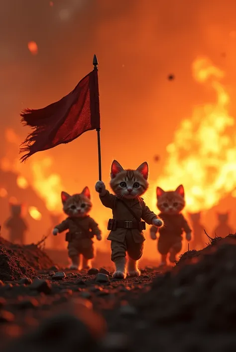 A line of self-defense force kittens, just 3 centimeters tall, walking boldly through a burning battlefield. Their uniforms are singed but intact, and one kitten carries a flag, its paw raised high in defiance. Behind them, embers glow in the smoky air, wh...