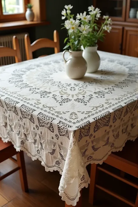 Beautiful tablecloth design knitting with wool crochet around chairs square table porn design on table full view 