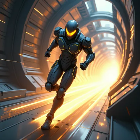  anime style . A space soldier , com armadura mass effect,  running in a ship corridor with a golden wind on its feet , holding a . 