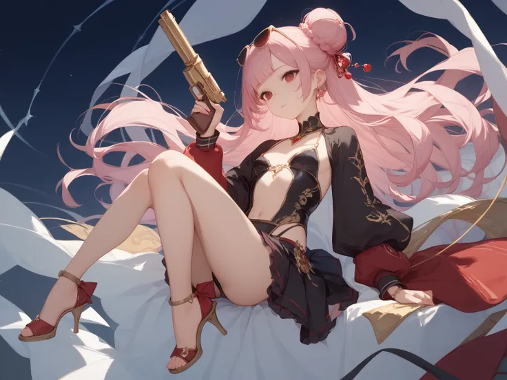 masterpiece, best quality, detailed、 one girl、Light pink hair 、Bun hair left and right、 half twin、 long hair、 princess cut、 Red Eyes、 small breasts、Full body drawing、 gang style outfit、sunglasses、 holding a handgun 、Underworld background 