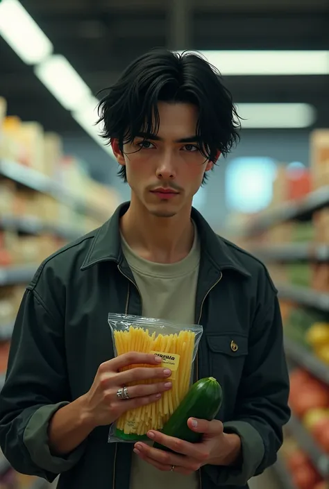 Attractive but sad man in the supermarket holds pasta and cucumber