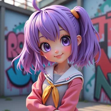 an anime character with purple hair is posing in front of graffiti, a photorealistic painting, realistic anime 3 d style, kawaii realistic portrait