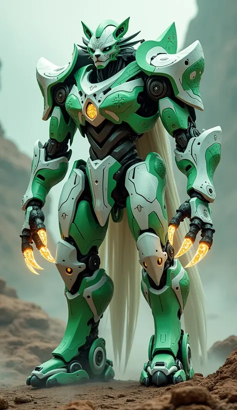 A green and white robot with jagged armor and glowing tribal patterns. It wields twin energy claws and has a lion-like faceplate.