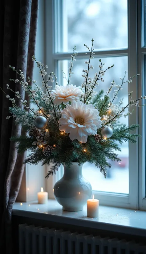 Hyperrealistic artwork, new years bouquet on the window,delicate,fir tree branches,cones,tinsel,pearls,christmas tree toys,elegant vase,chiffon,luminous consisting of puffs of smoke,delicate large flowers,matte sheen,detailed drawing,lots of details,dark b...