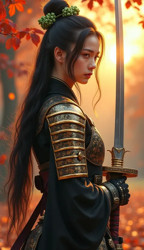 Realistic. Photorealistic. Image is vibrantly colored. photo,Highly detailed Photo quality, high quality,

A beautiful young Japanese woman with long flowing black hair tied up with green flowers

She is wearing shiny Japanese gold and black armor with att...