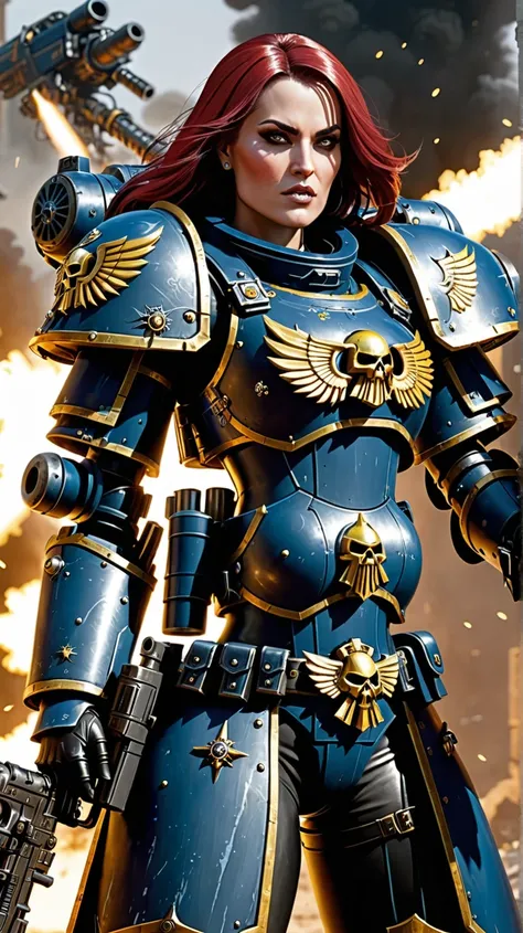 Warhammer 40k battle sister in armor large bust narrow waist wide hips in her hands holds a heavy bolter shoots cartridge flash speaker 4k uhd in action small particles 