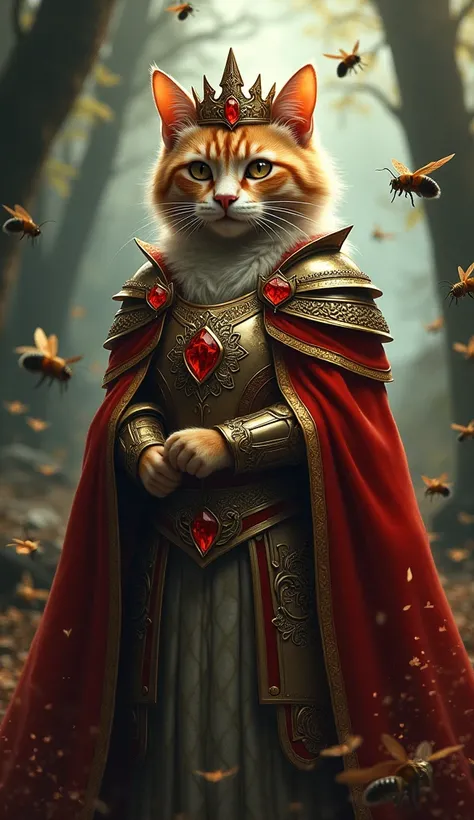 An anthropomorphiz cat in royal attire, wearing ornate armor with golden details and a crown studded with red stones. She is standing in a shadowy forest environment, with bees flying around her. There is a red cloak with gold details over his shoulders