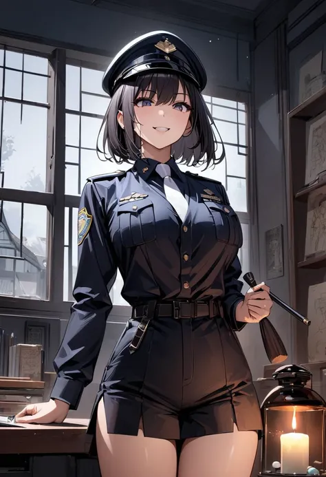  best quality、Ultra-precision、Detailed drawing、 vibrant colors、alone、Beautiful girl 、Age 30、Dark interrogation room 、Iron lattice on the window 、Stationery and pills on the desk、Standing behind a desk 、Candlelight、 see here、Police uniform、hat、tie、hatを深く被る、...