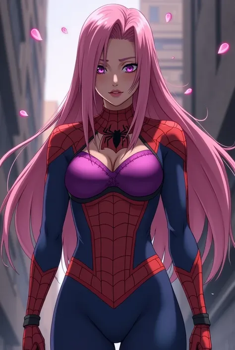 Sakura Haruno From Naruto in spiderman costume, ripping her spider suit open with force violently showing a very sexy purple bra and stomach in front of Naruto Uzumaki, sakura blushing, Naruto touching her hips and stomach