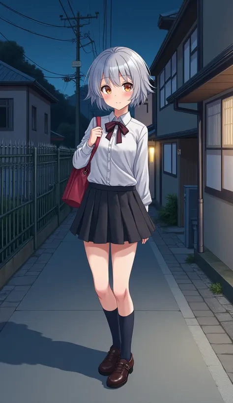 masterpiece,  best quality,  high definition ,  very detailed ,((( pretty girl with gray hair who has decided to pose))), ((( Japanese anime))), ((( short hair on the nose ))), ((( shirt ))), ((( black pleated skirt ))), ((( black high socks))), ((( school...