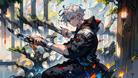 samurai, silver hair,warrior,swordsman,draw the sword,draw your sword,iaido,whole body, high quality , masterpiece,cat ears,cat ...