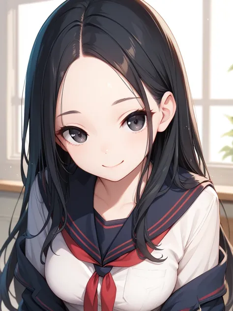 girl,black hair,long bangs,long hair, black hair,swept hair , medium breasts,,,school uniform,forehead,smile