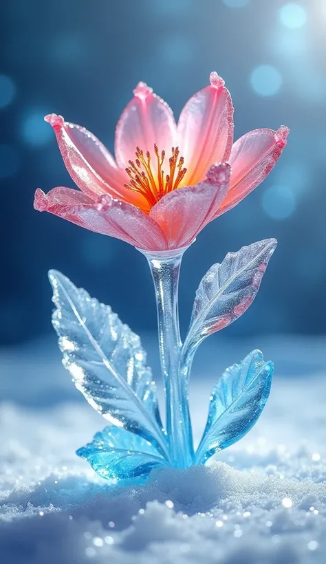 Portrait of a ((Glace escultura de uma  flor e botões crescendo: 1.5)), specific to a dynamically colored ice flower, dynamic background, vivid icy flower, close the portrait, dynamic background, high détail, Ultra-high quality, high resolution, 16k resolu...