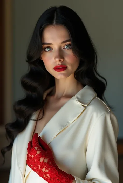 25 years old, beautiful girl, blue eyes, long black hair, white skin, in 1930s costume, She wears a white coat and red lace gloves, and bright red lipstick