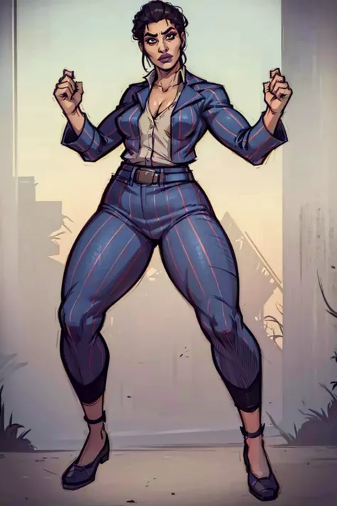 Digital art, highly detailed, angled view, sexy standing pose, legs spread apart, hands held up in a fighting form, mature woman, adult female, full curvy figure, whole body, form-fitting, Jane Romero (Dead by Daylight) inspired costume, pinstriped blazer,...