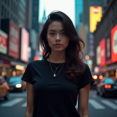 a beautiful 26 years girl hot in new york city wear black t shirt