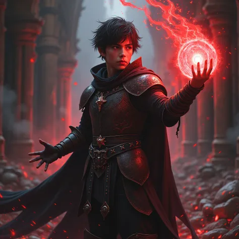 Young Gothic paladin casting a sphere of red energy realistic gothic anime 