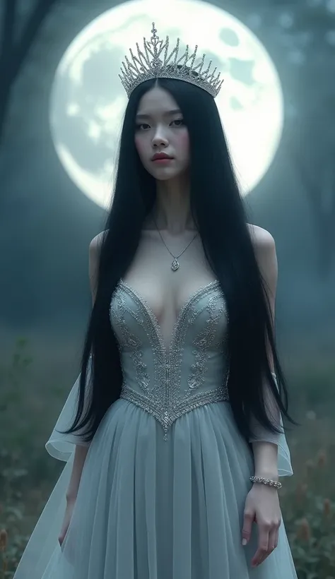 美しい🌕️の女王。 straight black hair。Pale skin。Silver👗。Pearl Tiara