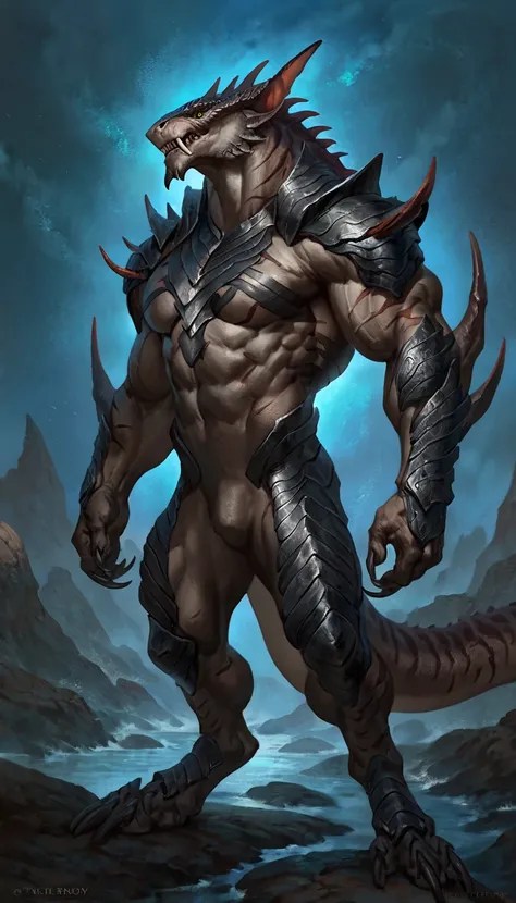 Muscular sharkfolk, solo, anthro shark, detailed skin, strong, wearing demonic full body armor, metallic scales, scars on body, 1male solo, anthro, muscular, wide back, big muscles, small waist, thick tail, marked jaw, armor on legs, full body, comicbook s...