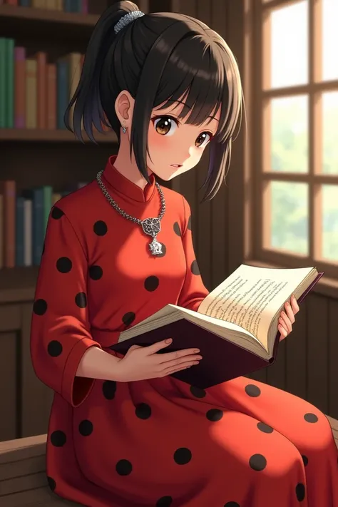 In it let me have a book in the hand of a girl who is wearing a dress made of cloth with black spots on a bright red cloth, and who has put on it a monand peat