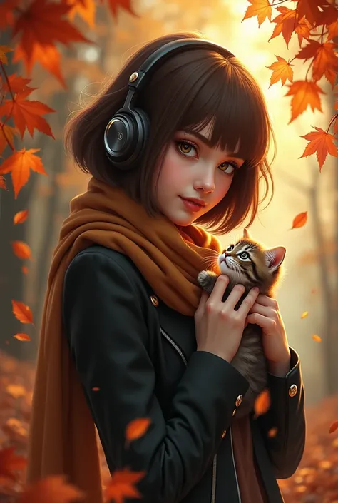  An empty template for filling games ,  autumn leaves along the edges as a decoration ,  The upper part has a Superstylish brown-haired woman,bob hairstyle,  Hyperrealism,Autumn Girl,  spectacular smile ,Fashion, hyper-detail, huge brown eyes ,Mysticism,fa...