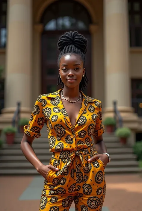 Generate an Image of a classy, modern and beautiful, vibrant photo of a university female student wearing a stylish outfit incorporating African print clothing, feeling confident and authentic in her clothing standing in front of a university library looki...