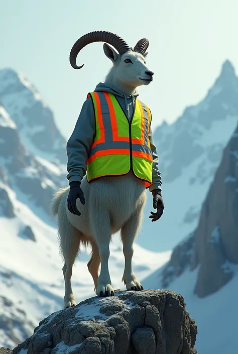 HAMAN PAN MOUNTAIN GOAT WEARING A REFLECTIVE  SAFETY VEST OF GREEN AND ORANGE human torso of human from the neck upwards