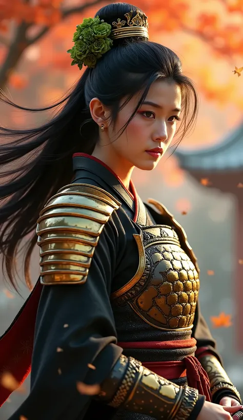 Realistic. Photorealistic. Image is vibrantly colored. photo,Highly detailed Photo quality, high quality,

A beautiful young Japanese woman with long flowing black hair tied up with green flowers

She is wearing shiny Japanese gold and black armor with att...